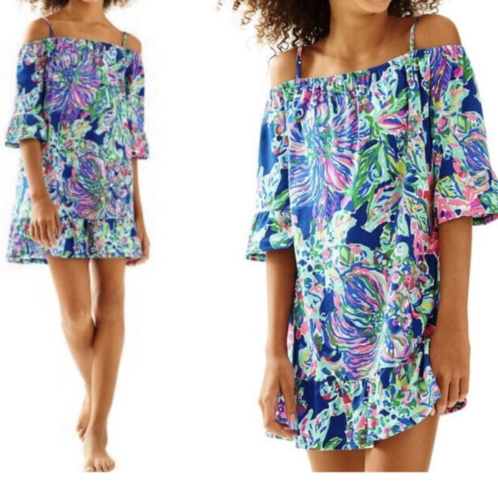 Lilly Pulitzer Jaci Floral Print Ruffled Hem Off-The-Shoulder Dress Girls XL